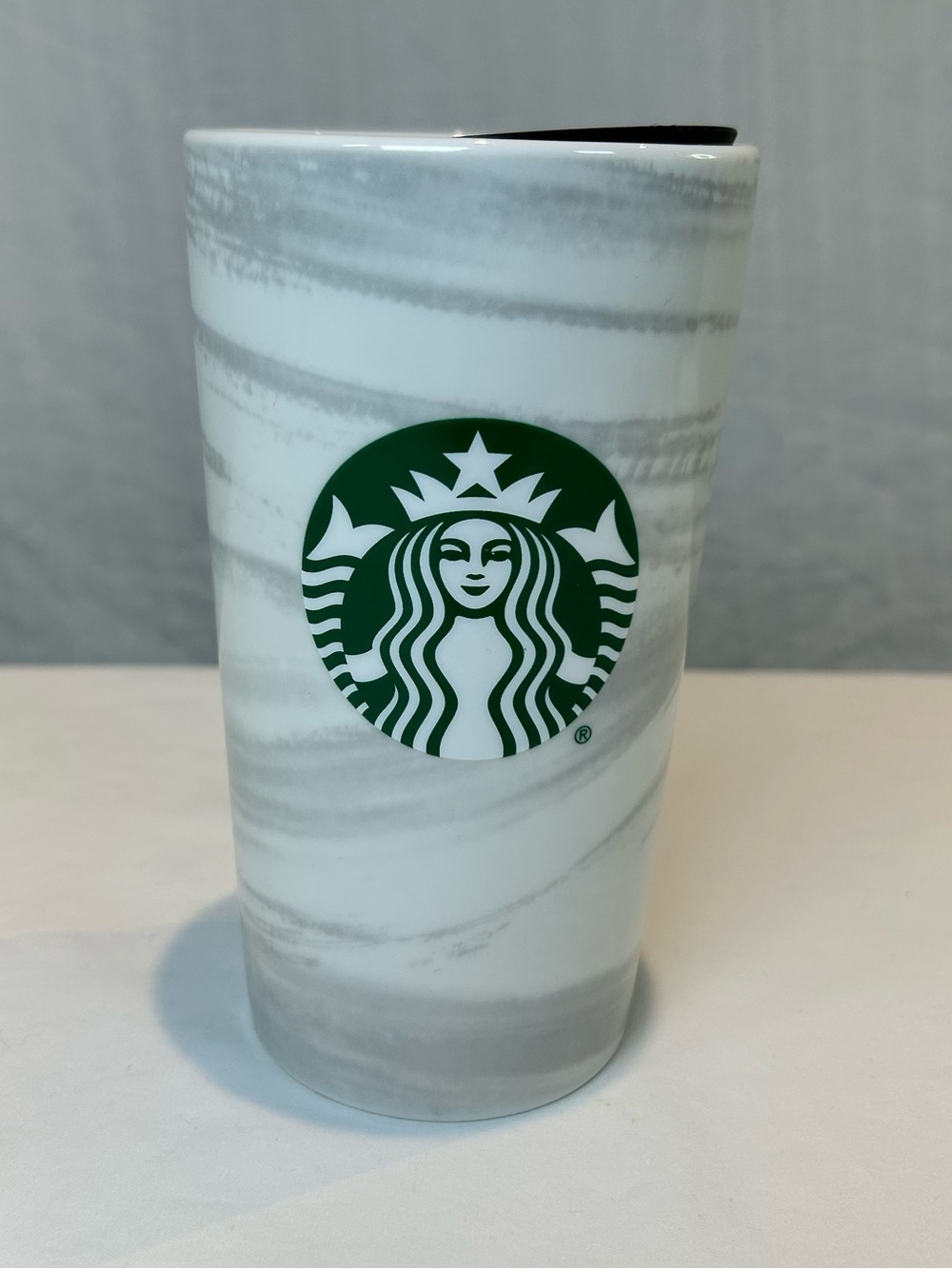 Starbucks 2020 12 oz Marbled Grey & White Ceramic Travel Mug w Green Siren Logo
